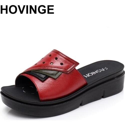 HOVINGE 2021New Women Slippers Genuine Leather Summer Retro Shoes High Increasing Slip On Slides Summer Shoes Women Creepers