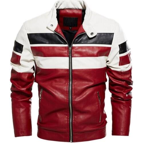 Fad Mens Leather Jacket Stripes Patchwork Motorcycle Leather Jacket for Men Zipper Fleece Faux Leather Jacket Male Coat