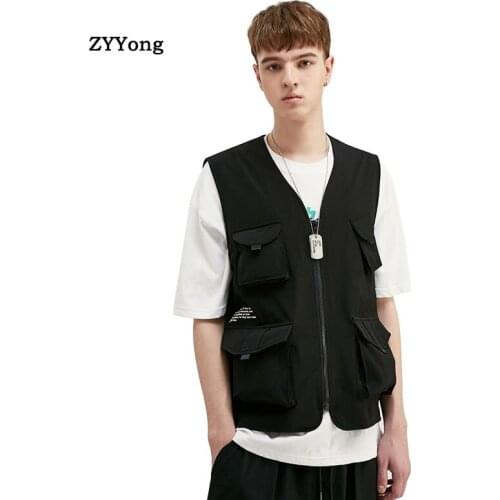 Summer Men Vest Jackets Youth Fashion Leisure Streetwear Hip Hop Travel Sleeveless Tooling Style Waistcoat Coat Set Clothing