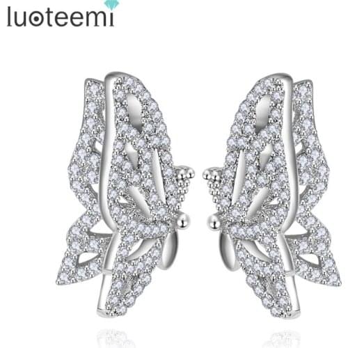 LUOTEEMI Wholesale New Elegant Gold-Color Cubic Zircon Fancy Fashion Bow Butterfly Earrings Stud for Women Dance Party