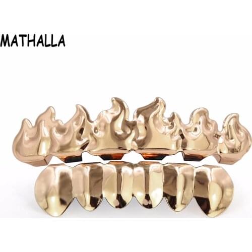 MATHALLA Hip Hop Flame Gold Teeth Grillz Support the Gold in the Mouth Silver Grillz Mens Hip Hop Ornaments Halloween Grills