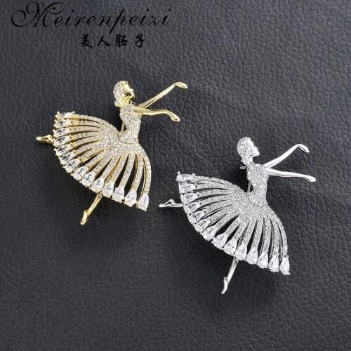 Meirenpeizi Beautiful Ballet Girl Brass Brooches Shiny Full Cubic Zirconia Gold Color hijab pins Accessories Graceful Dancer