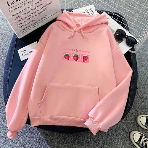 Kawaii Strawberry Milk Hoodies Aesthetic Oversized Hoodie Women Harajuku Pink Loose Pullover Japanese Streetwear Long Sleeve
