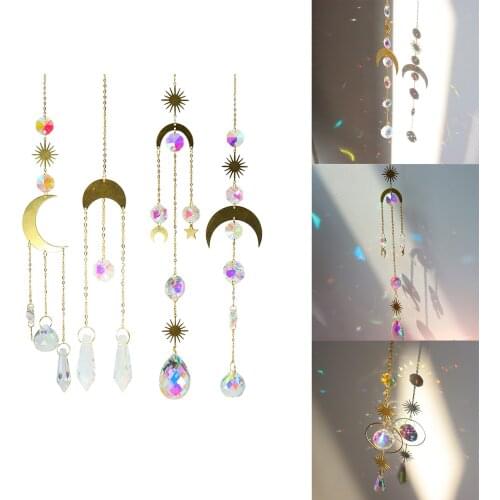 Moon Ring Rainbow Crystal Suncatcher Hanging Prism Ornament Pendant Home Garden Decoration Car Decor Crystal Wind Chime Pendant