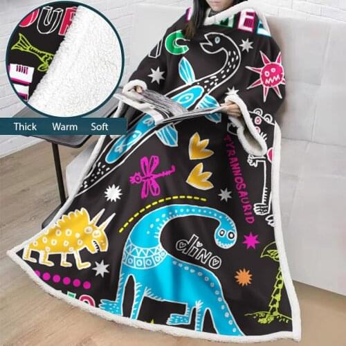 Cartoon Dinosaur Adult Children 3D Digital Printing Cotton Velvet Thick Blanket with Sleeves Customization