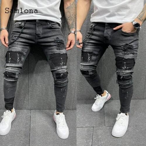 Samlona 2021 New Western Style Mens Ripped Jeans Punk Style Fashion Denim Pants Slim Bottom Patchwork Skinny Trouser Men Clothes