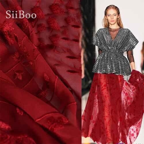 Luxury red floral embroidery cotton silk fabric apparel for summer dress Georgette silk tissu tecidos stoffens tela 8mm SP5219