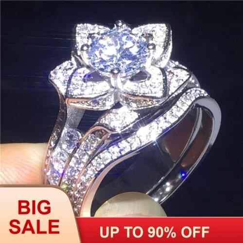 Handmade 2-in-1 Flower ring sets Silver color AAAAA Zircon Cz Engagement wedding band rings for women Party Jewelry Gift