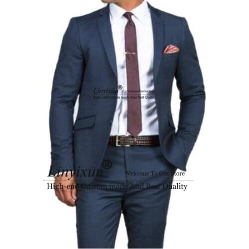 Gorgeous Slim Dark Blue Wedding Suits For Men Custom Made Men Blue Suit 2020 Fashion Style Business Suits TAILORED Blue Tuxedo