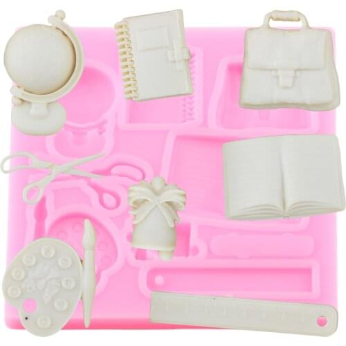 School Bag Book Scissor Silicone Molds Baby Birthday Fondant Cake Decorating Tools Candy Polymer Clay Chocolate Gumpaste Moulds