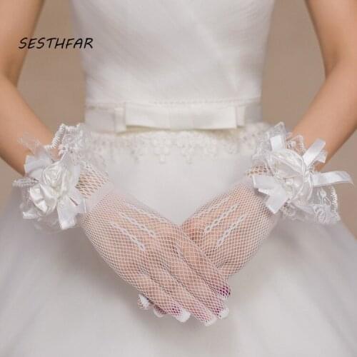 Bridal Gloves Girls Dance Lace Gloves White Mesh Bowknot Wedding Glove Wedding Accessories ST010