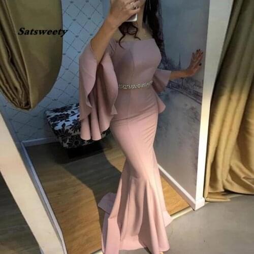 Mermaid Evening Dress Strapless Flare Sleeves Beaded Sashes Prom Gown Formal Party Dresses 2021