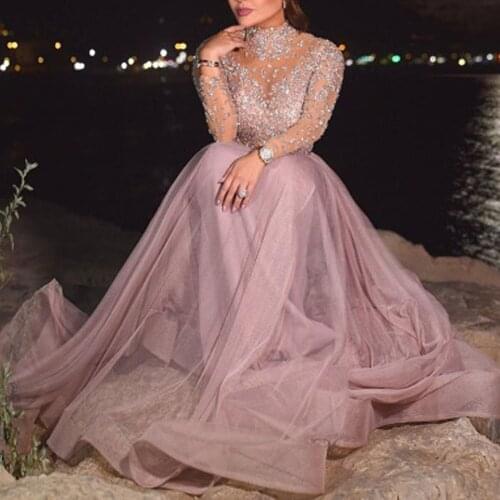 Beading Evening Dress Sweetheart O-Neck Sparkling Pink Tulle Sweep Train Sleeveless Prom Gown A-line Lace Up Backless Vestido De