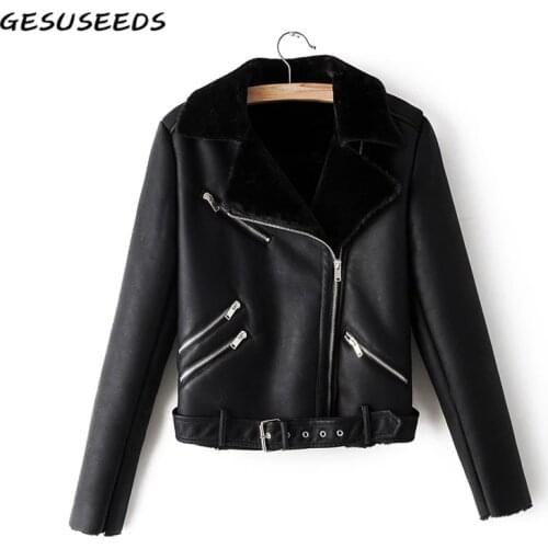 Winter faux leather jacket women vintage coat turn down collar leather jacket with fur biker jacket black outerwear korean 2020