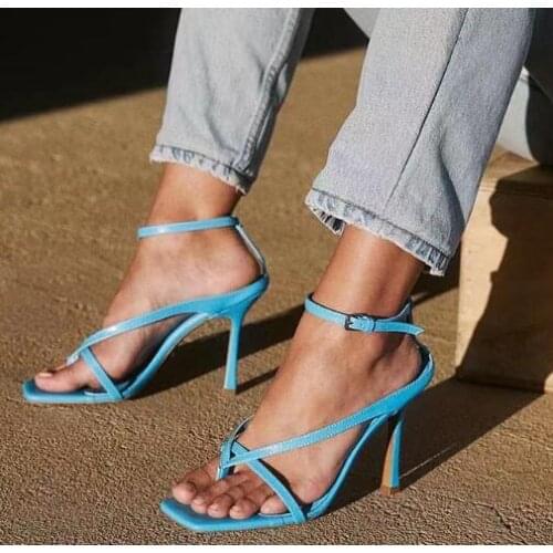 Moraima Snc Fashion Square Toe High Heel Shoes Woman Summer Ankle Strap Leather Sandal Sexy Flip-flop Shoes Blue Black White