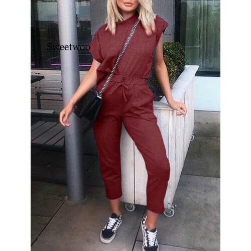Summer O Neck Short Sleeve Womens Sets 2020 Solid Slim Cropped Pants Two Piece Set Fashion Holiday Ladies 2 Piece Set Plus Size