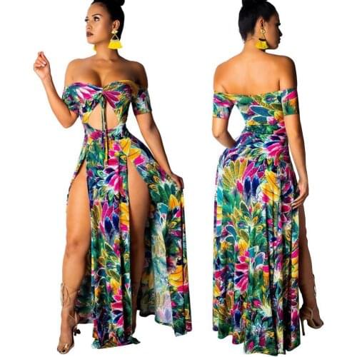50%HOT Fashion Summer Women Floral Print Sexy Lace-up Off Shoulder High Slit Maxi Dress