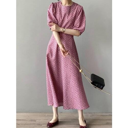 Pink Heart Printing Puff Sleeve Waist-Tight Slimming New Dress for Women