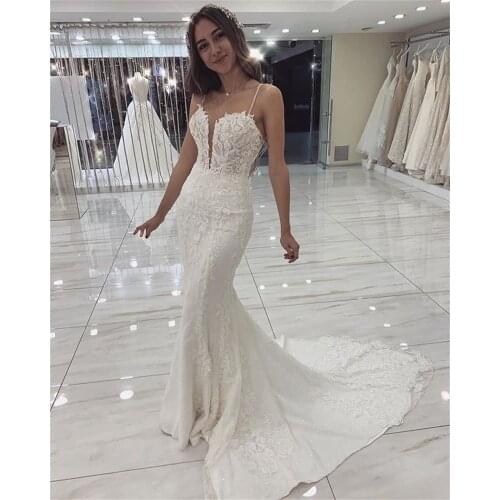 2020 New Backless Mermaid Wedding Dresses Spaghetti Straps simple Lace Appliques Sexy Sweetheart Wedding Gowns vestidos de novia