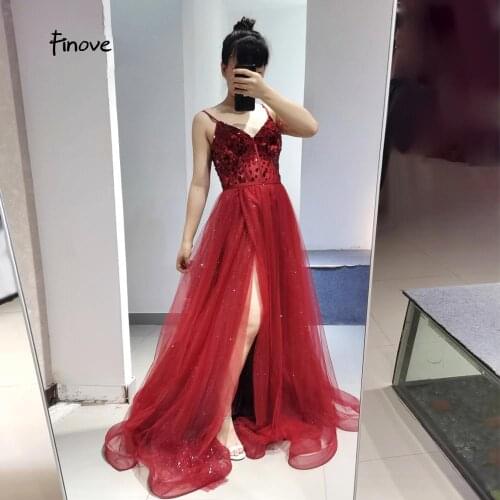 Finove Evening Dress Sexy Spaghetti Strap V-Neck Beading Sleeveless A-Line Long Length In Women' Dresses Plus Size