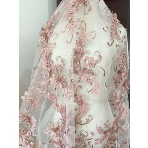 1 yard Delicate African 3D Rhinestone Beaded Blossom Flower Lace Fabric in Dust Pink For Prom Dress Evening Gown 130cm wide