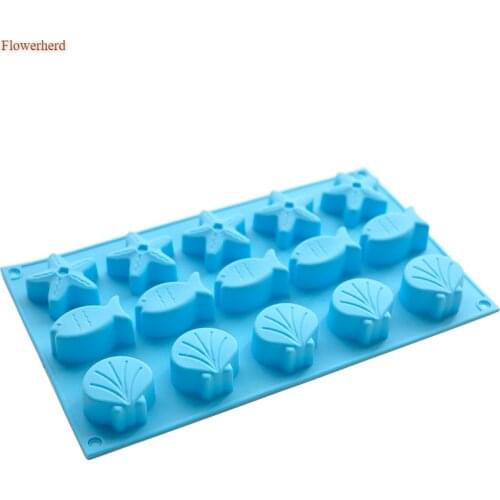 3d Silicone 15 Holes Mold Starfish Shell Fish Handmade Soap Mould Cake Chocolate Mould DIY 3d Silicone Soap Molds Cake Decors