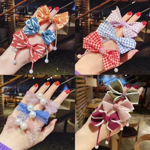 5pcs Plaid Print Girls Hairbands with Imitation Pearls Bowknot Elastic Rubber Bands Women Ponytail Holder Hair Accessories