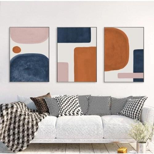Abstract Shapes Posters and Prints Burnt Orange Blue Pink Wall Art Mid Century Canvas Painting Living Room Home Wall Decor