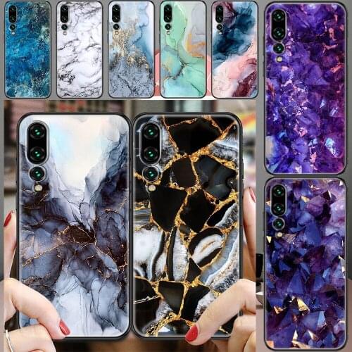 Crystals Marble Quartz Gem Pattern Phone case For Huawei P Mate P10 P20 P30 P40 10 20 Smart Z Pro Lite 2019 black silicone back