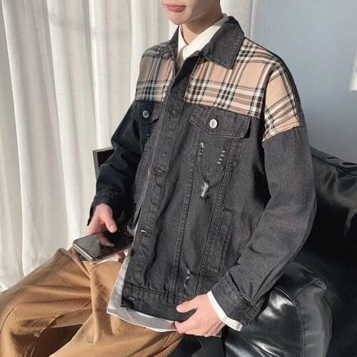 Spring and Autumn Denim Jacket Mens Large Size Trendy lattice patchwork 2020 Spring All-match Denim Jacket Mens loose coat
