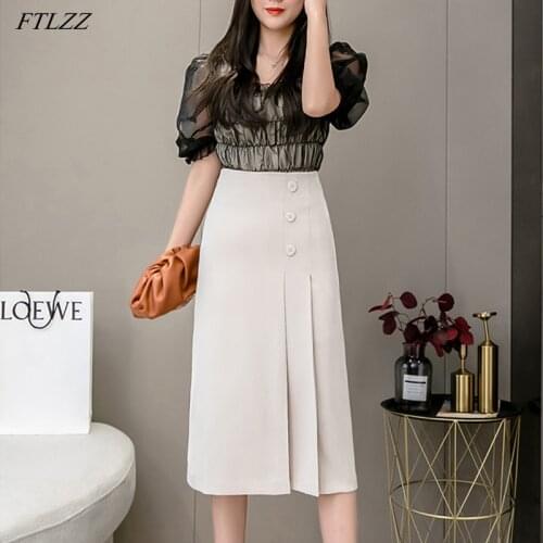 FTLZZ 2020 Spring Summer Office Lady Ruffles Medium Skirts Casual Women Solid Color Single Breasted Midi Streetwear Skirt