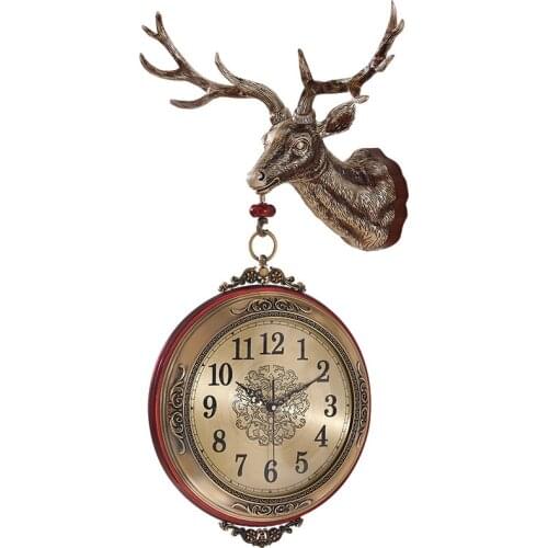 Creative Alloy Deer Head Wall-Mounted Clock Double-Sided Wall Clock Hotel Living Room Model Room Pendant