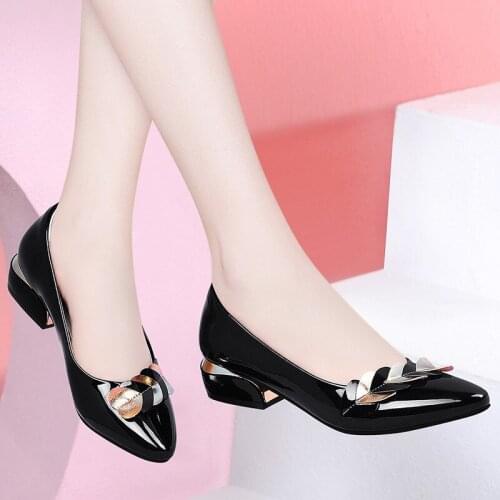 Miaoguan Spring Women Pumps Patent Leather Dress Shoes Low Heels Office Lady Shoes Leaf Boat Shoe Classics Pump 3cm Plus Size 41