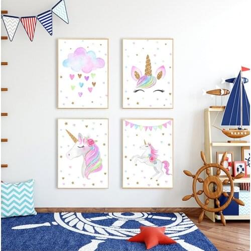 Rainbow Unicorn Wall Art Prints Baby Nursery Poster Cute Canvas Painting Nordic Decoration Picture Children Kids Bedroom Decor