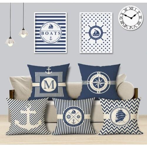 Blue Stripe Compass Boat Cushion Cover Nautical Style Decorative Cushions for Sofa Linen Pillow Case Home Decor Pillow Cover