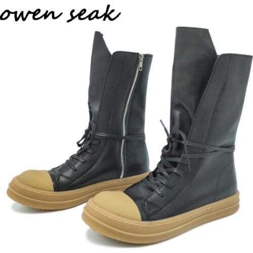 Owen Seak Men Shoes High-TOP Boots Luxury Trainers Genuine Leather Boots Casual Lace-up Zip Flats Black White Big Size Sneakers