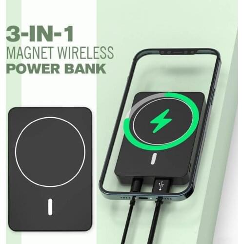 3-In-1 Magnetic Suction Portable Wireless Power Bank 15W QI Wireless Charger 5000mAh Magnetic Mini Portable Battery For iPhone