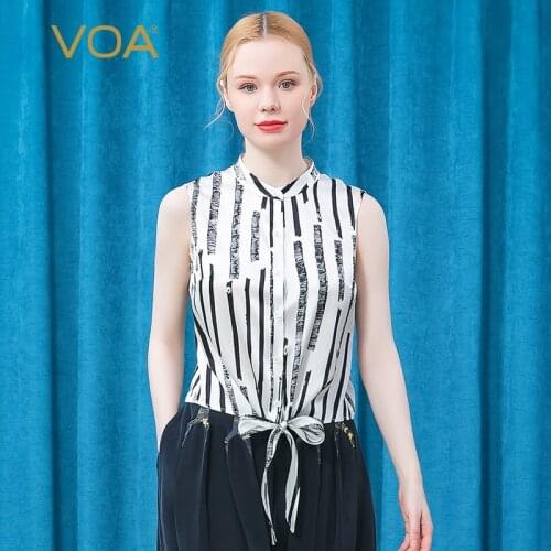 VOA Silk Satin Stand Collar Sleeveless Single-breasted Strap Design Black and White Striped Workplace Temperament Shirt BE566