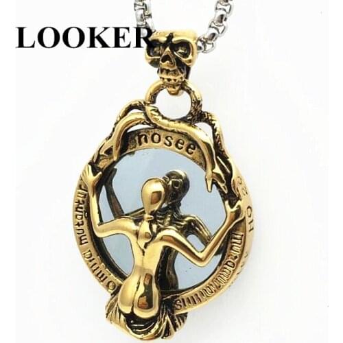 LOOKER Magic Mirror Stainless Steel Pendant Necklace Mens Jewelry Punk Rock Beauty Vampire & Skull Head Charm Necklaces