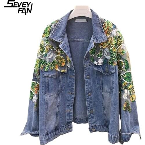 Blue Pearl Denim Jacket Women Fashion Sequin Embroidery Floral Jeans Jackets Hipster Oversized Vintage Harajuku Outwear Coat New