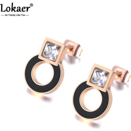 Lokaer Stainless Steel Black Acrylic Circle & Square CZ Crystal Earrings For Women Rose Gold Engagement Earrings Jewelry E19048