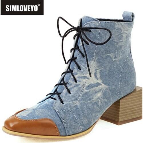 SIMLOVEYO 2021 Designer Fashion Ankle Boots for Women Demin Pointed Toe Middle Square Heel Lace Up Blue Yellow Size 48 S2446