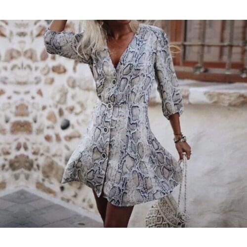 New High Street Women A-line Dresses Snakeskin Printed Half Sleeve Button Dress
