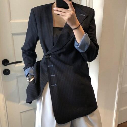 202 New Women Fashion Slim Fit Dark Blue Notched Long-sleeved Asymmetric Patchwork Striped Blazer Spring And Autumn X358