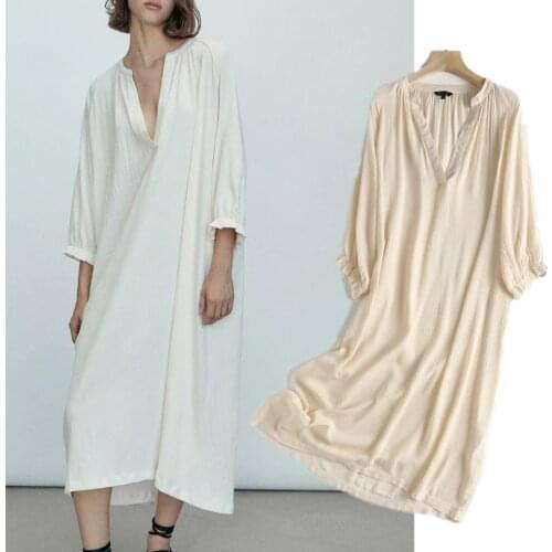 Jenny&Dave Long Dress England Style Fashion Solid Elegant V-neck Autumn Dress Women Indie Folk Pleating Loose Party Vestidos