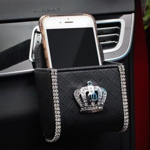 Bling Rhinestones Car Air Vent Storage Bag Organizer Pocket Crown Sunglass Holder Car Mount Phone Holder Coin Key Card Case