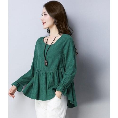 Spring Fall Women Pleated Irregular Ruffle Long Sleeve Green Wine Red Navy Loose Linen Blouse , Casual XXL Woman Dobby Blouses