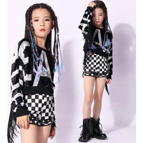 Children black & white Jazz Dance Costume Set Performance Costume Kids Plaid Fringe Hip Hop Street Dance Costume Set Girl