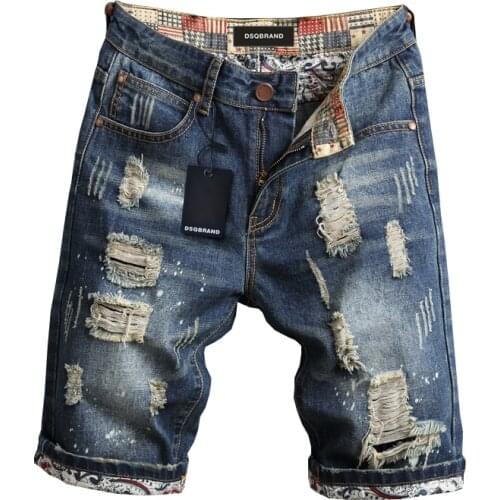DSQBRAND Denim Shorts Mens Retro Ripped Slim Fit Half Pants DSQ Letters Inner Label Patched Pants High Quality Luxury Street