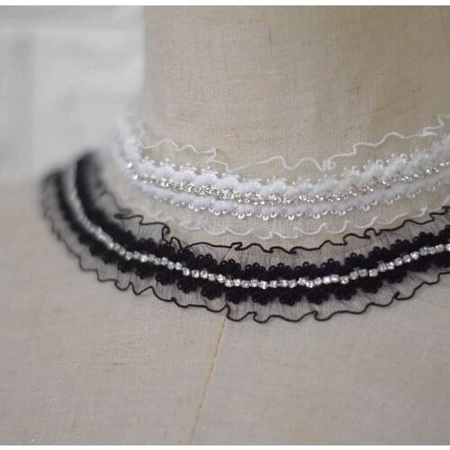 1Meter Pleated Elastic Lace Trim Diamond Applique Collar Ribbon Sewing Guipure Crafts Chiffon Laces For Wedding Dress Dentelle